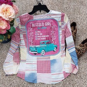 2903 Size Blessed Girl Semi fitted Upcycled Button Down Shirt.